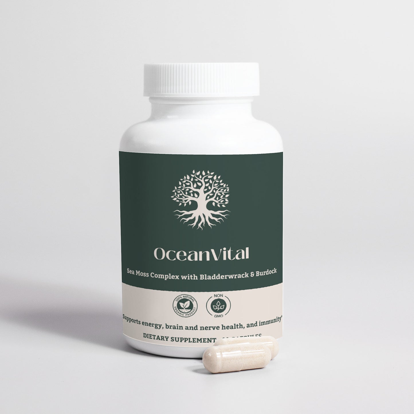 Back view of OceanVital Sea Moss Complex bottle displaying supplement facts, ingredients, and suggested use.