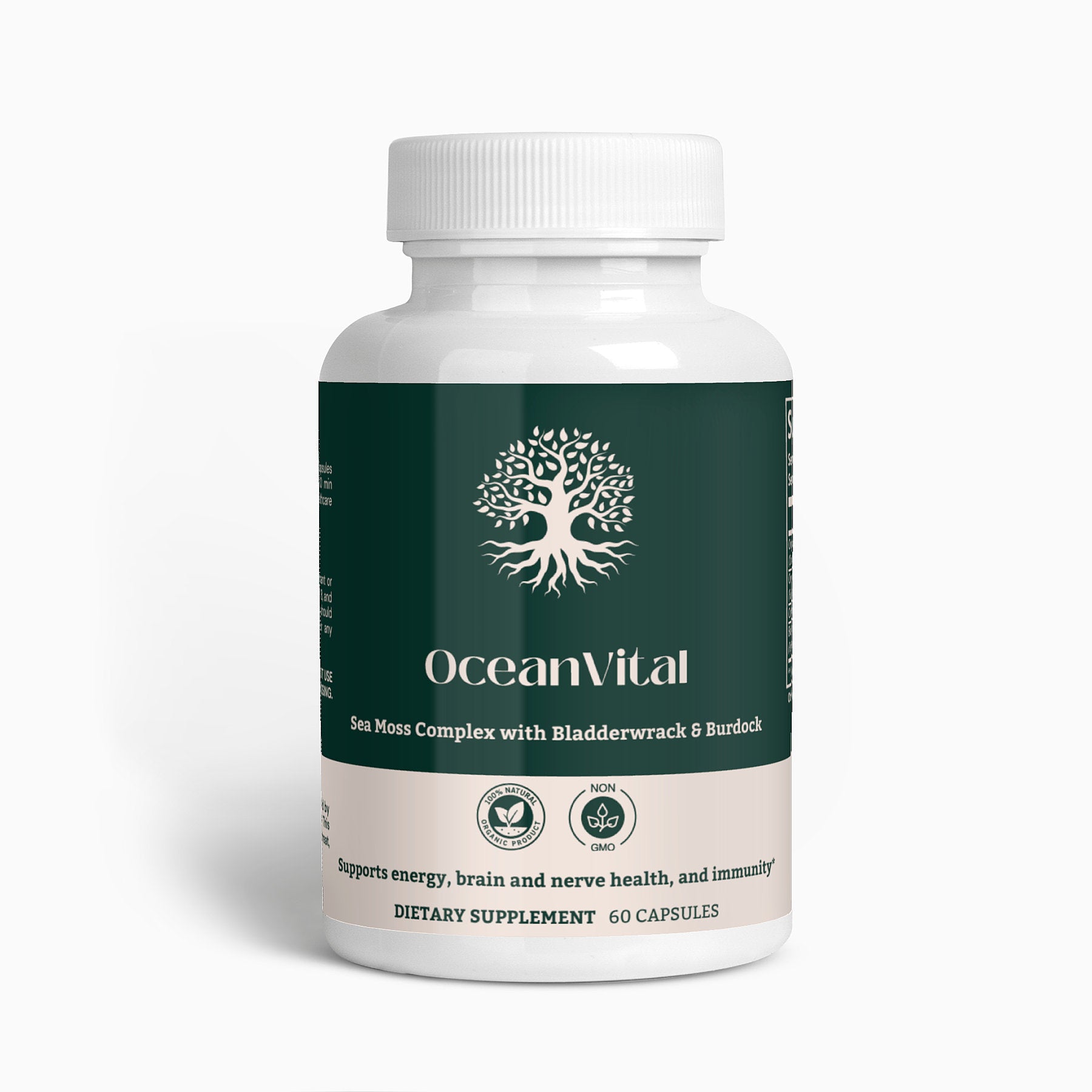 Front view of OceanVital Sea Moss Complex bottle with 60 vegan capsules, featuring Organic Sea Moss, Bladderwrack, and Burdock Root.