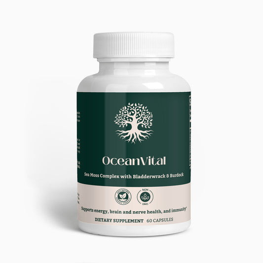 Front view of OceanVital Sea Moss Complex bottle with 60 vegan capsules, featuring Organic Sea Moss, Bladderwrack, and Burdock Root.