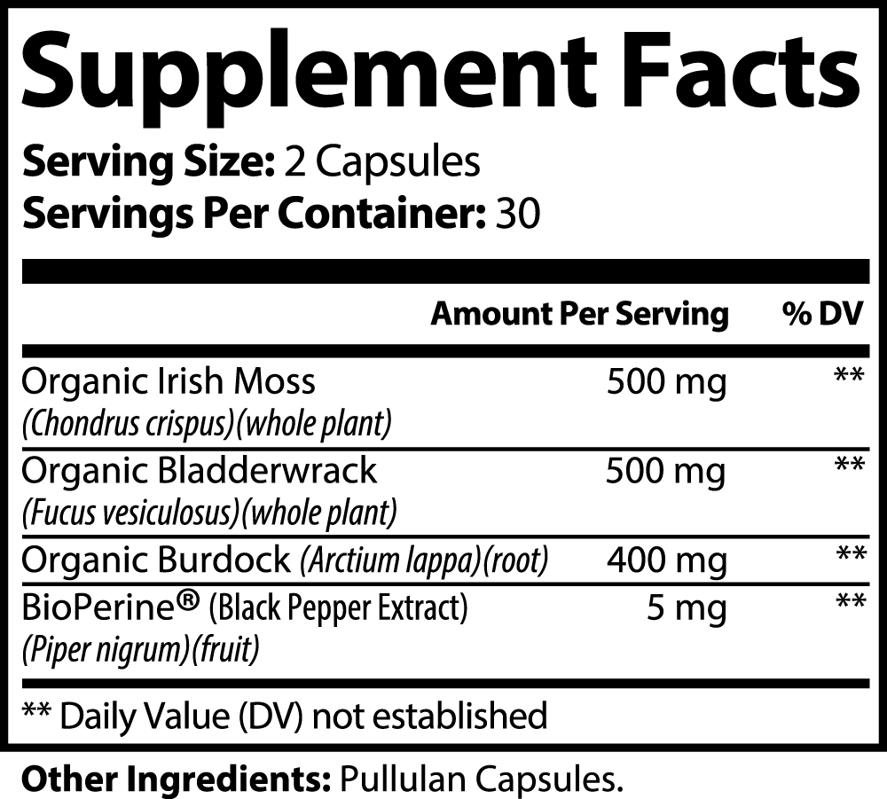 Graphic showcasing the health benefits of OceanVital Sea Moss Complex, such as thyroid support, immune boosting, and skin health.