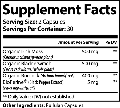 Graphic showcasing the health benefits of OceanVital Sea Moss Complex, such as thyroid support, immune boosting, and skin health.