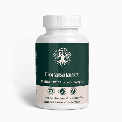 FloraBalance 40 Billion CFU Probiotic Complex front view of bottle showcasing label and branding.