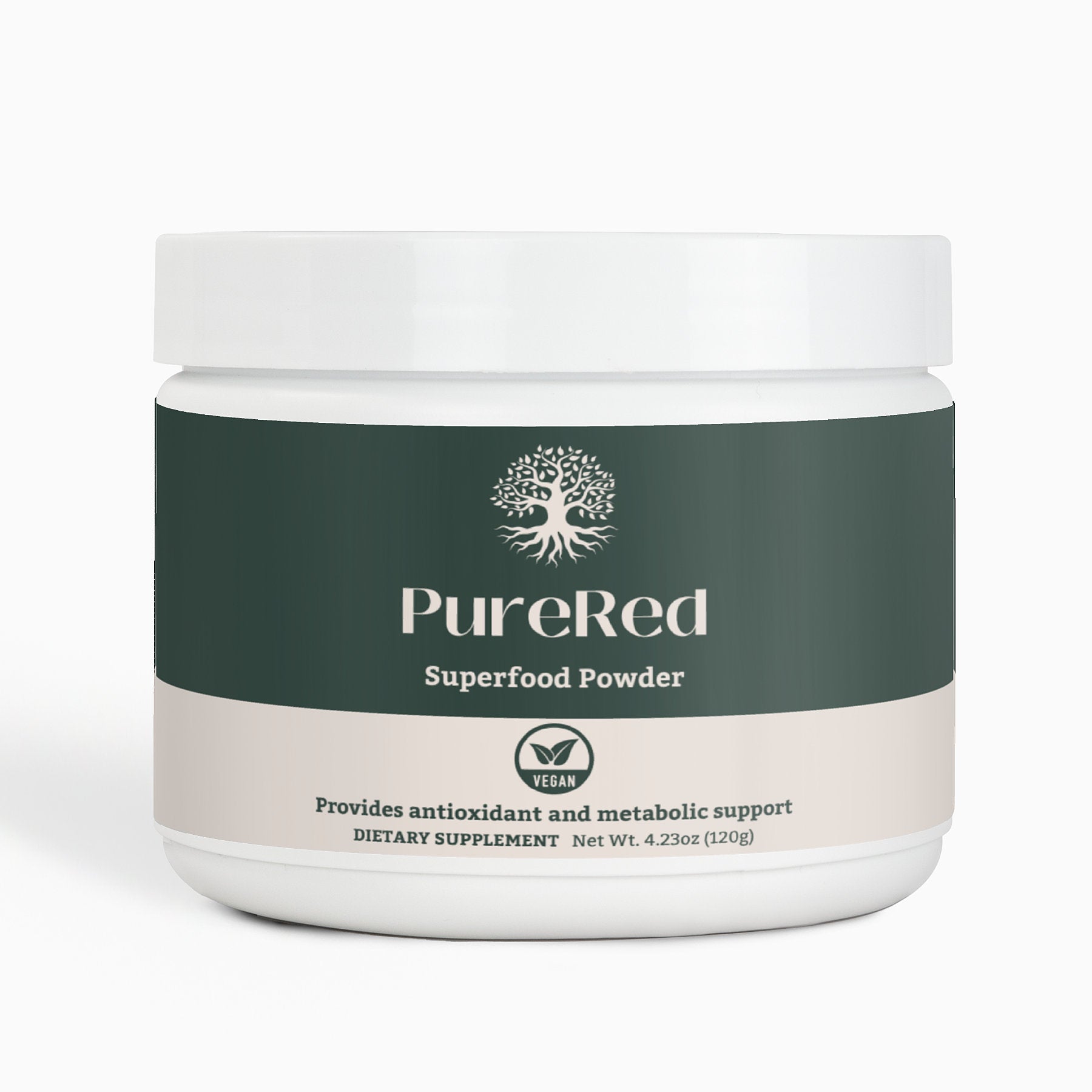 Front view of PureRed Superfood Powder by Ambedo Wellness, a premium antioxidant and nutrient-rich reds powder supplement.