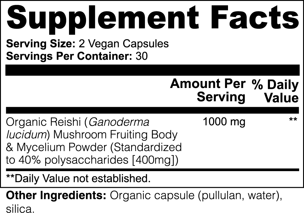 High-quality vegan capsules containing organic Reishi mushroom powder, supporting wellness with natural adaptogenic benefits.