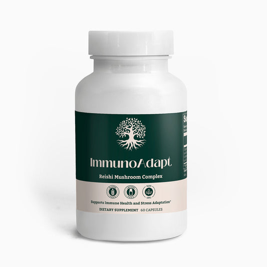 ImmunoAdapt Reishi Mushroom Complex bottle showcasing health benefits including immune support, stress relief, and cognitive function.