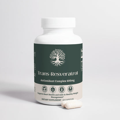 Detailed ingredients list of Trans-Resveratrol Antioxidant Complex 600mg, emphasizing the 50% trans-resveratrol concentration.