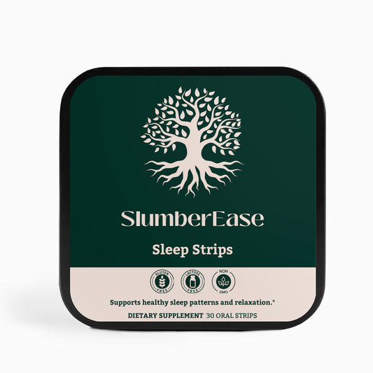 SlumberEase Sleep Strips packaging featuring raspberry flavor and natural sleep-support ingredients.