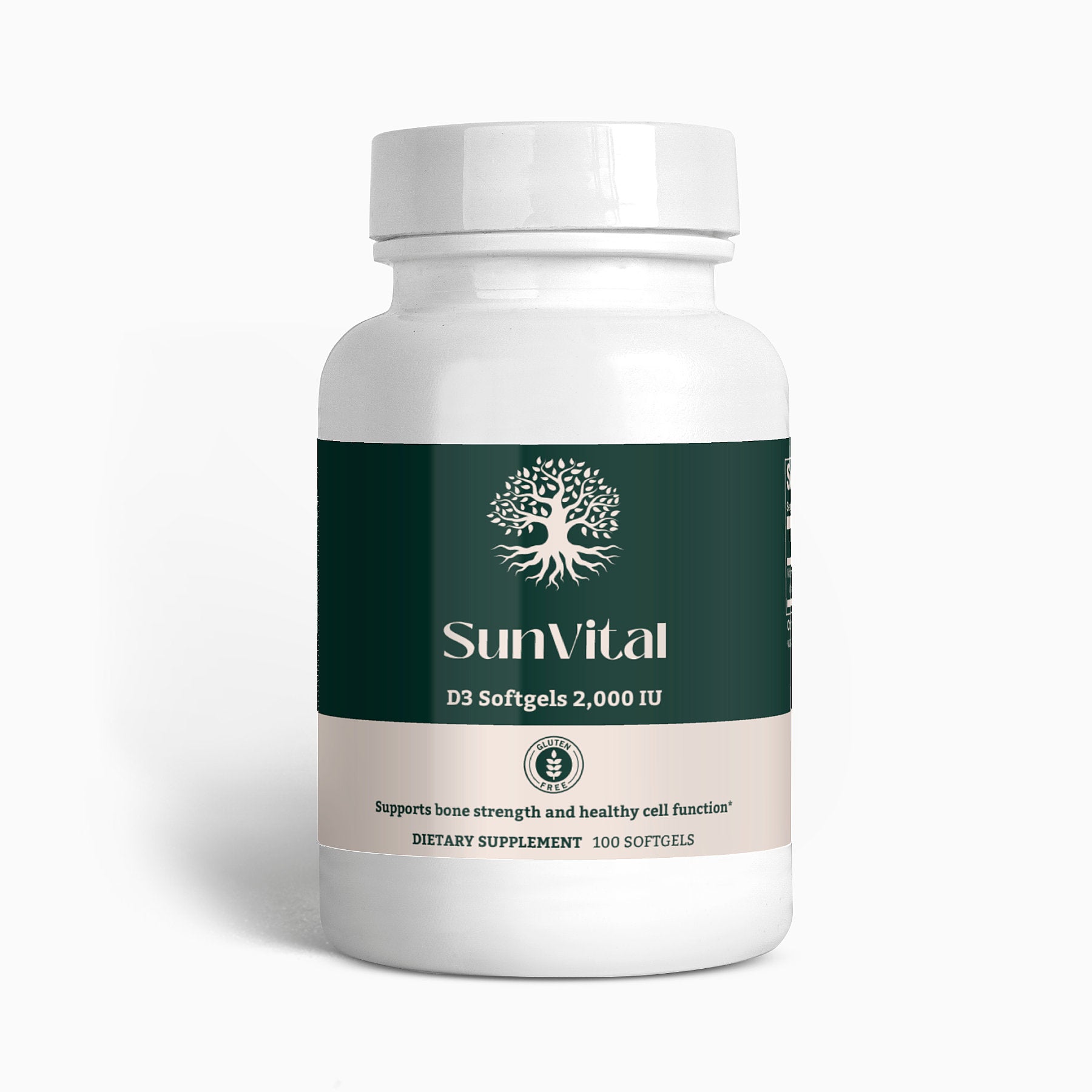 Bottle of SunVital D3 Softgels 2,000 IU showcasing the front label with supplement details.