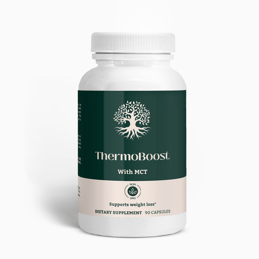 ThermoBoost with MCT bottle front view by Ambedo Wellness, featuring MCT oil and vitamins for metabolism support.