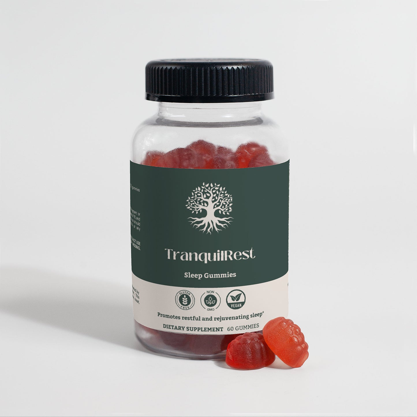 Back label of TranquilRest Sleep Gummies with detailed ingredients and suggested use information.