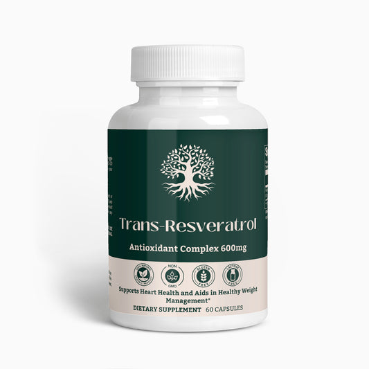 Front view of the Trans-Resveratrol Antioxidant Complex 600mg supplement bottle by Ambedo Wellness, showcasing 60 capsules.