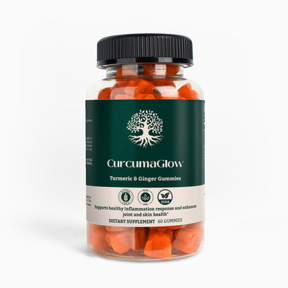 Front view of CurcumaGlow Turmeric & Ginger Gummies bottle featuring 60 gummies for joint, skin, and antioxidant support.