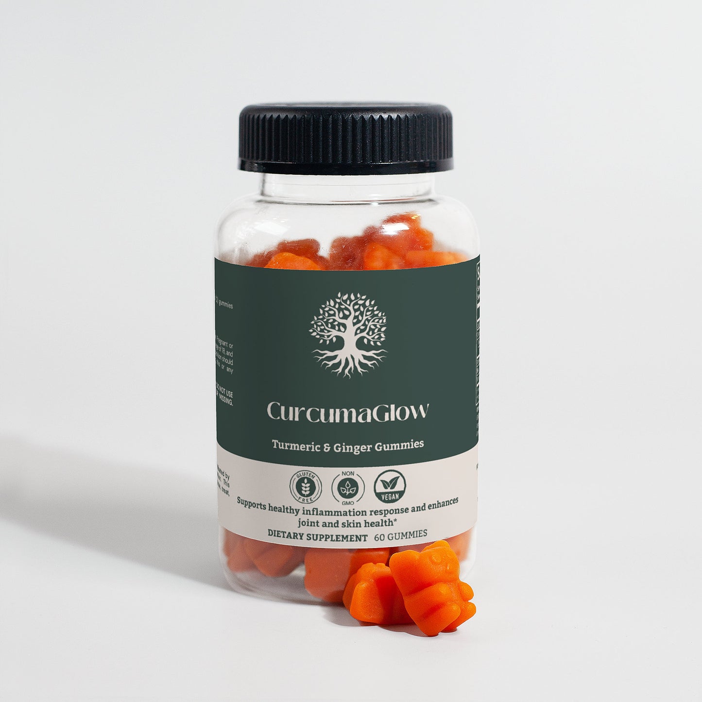 Closeup of CurcumaGlow Turmeric & Ginger Gummies with turmeric and ginger flavor, showcasing their vibrant color.