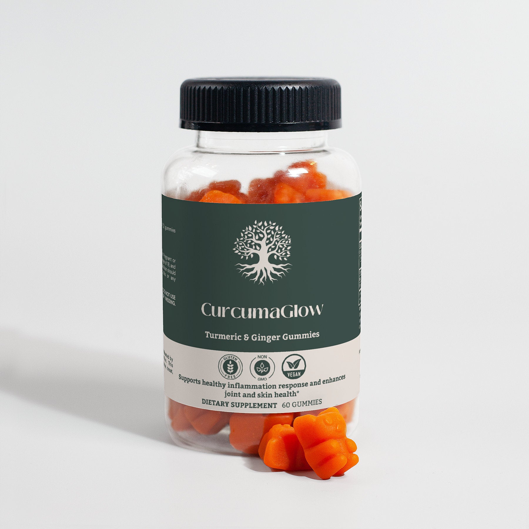 Closeup of CurcumaGlow Turmeric & Ginger Gummies with turmeric and ginger flavor, showcasing their vibrant color.