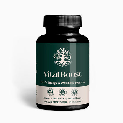 Vital Boost men's energy and wellness supplement front view for muscle, heart, and vitality support.