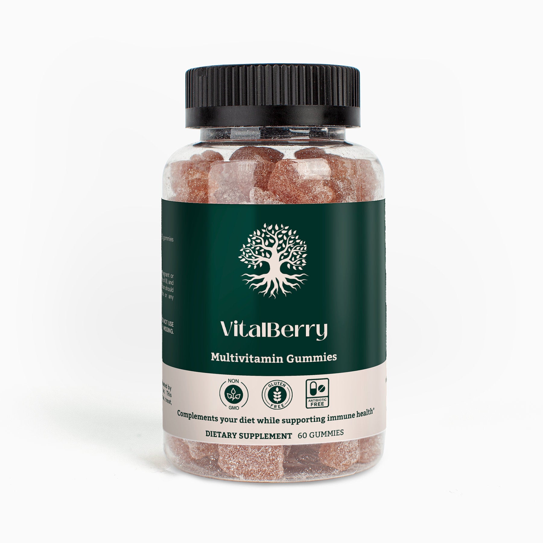 VitalBerry Multivitamin Gummies bottle front view with strawberry flavor and 60 gummies per bottle.