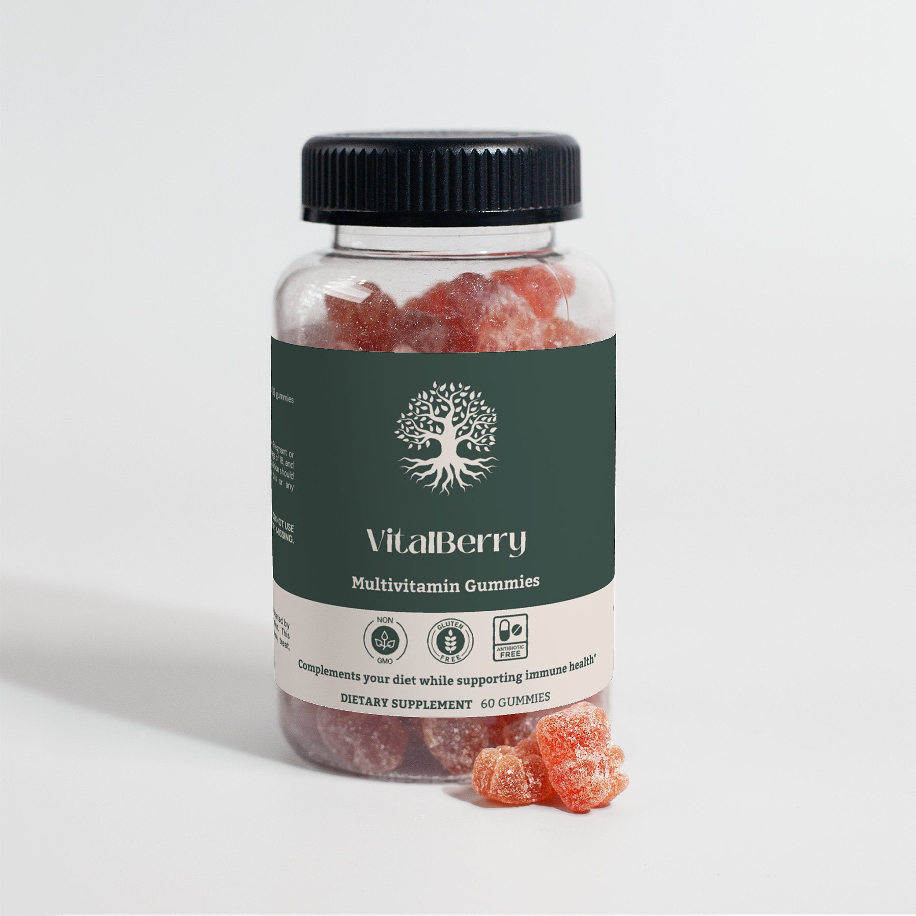 Ingredients label for VitalBerry Multivitamin Gummies showing vitamins A, C, D, B6, B12, zinc, and more.