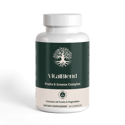 VitalBlend Fruits & Greens Complex bottle by Ambedo Wellness for daily nutrition and immune support